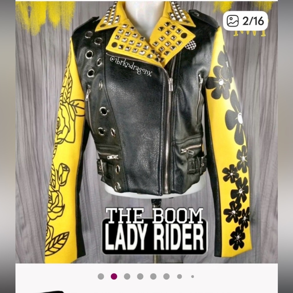 The Boom Lady Rider Studded Leather Jacket - Black & Yellow